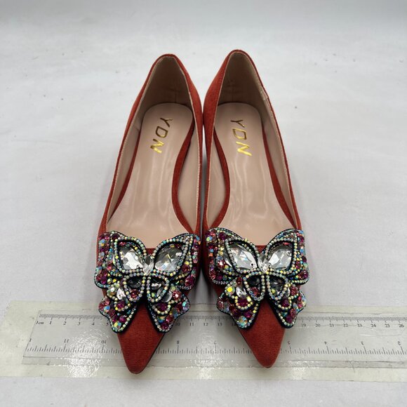 YDN Brown Suede Pointed Toe Bow Pumps Rhinestone Block Low Heel Butterfly Shoes - Picture 3 of 8
